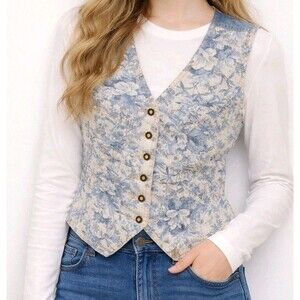 Lizwear Petite S Floral Denim Vest Blue White Toile Cottagecore Grandmillennial